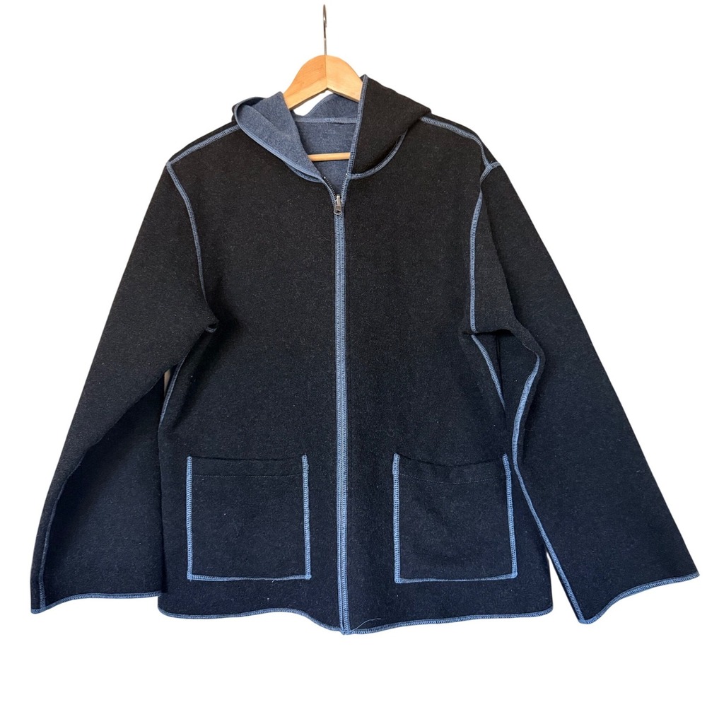 Cabi Reversible Felted Wool Blend Minimalist Full Zip Hoodie Black Blue Sz M